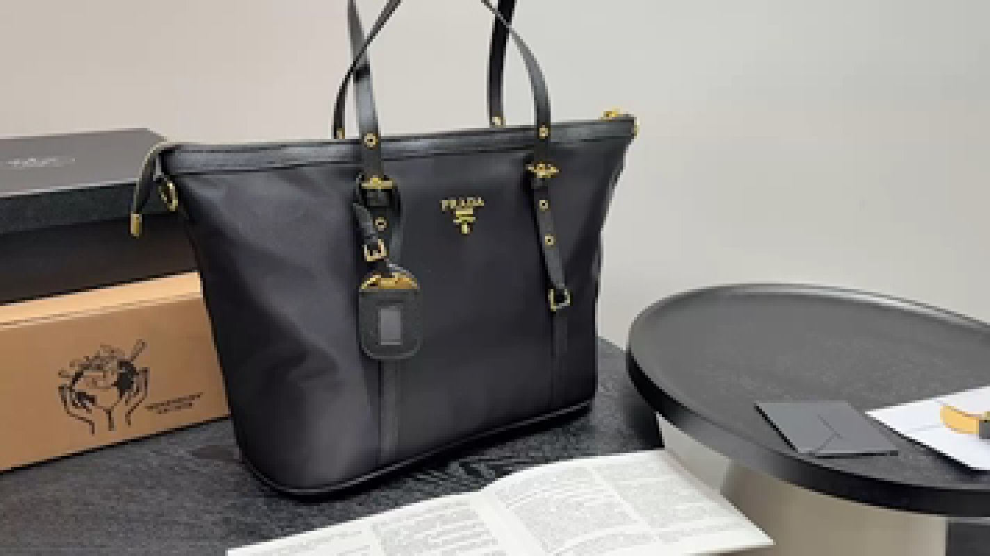 Prada Nylon Tote Bag Black with Gold Hardware