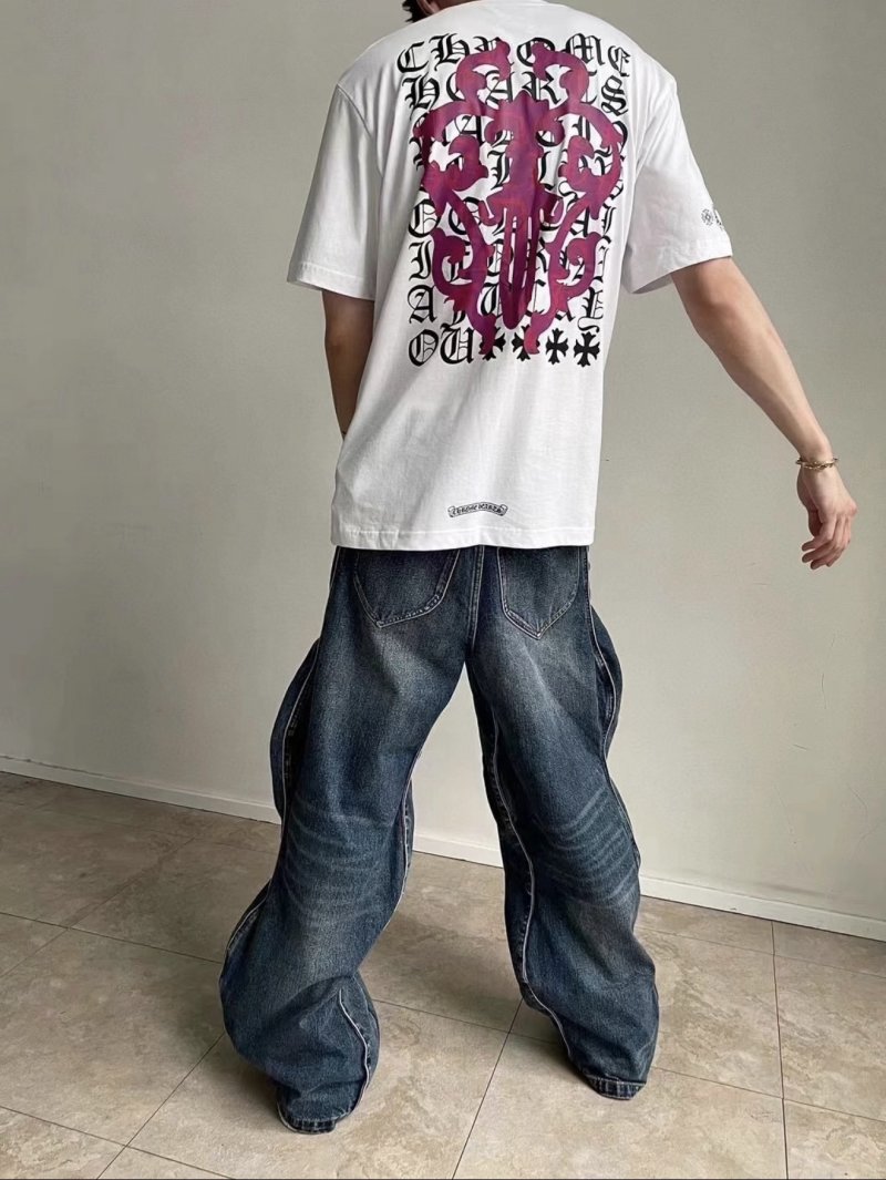 Chrome Hearts White T-Shirt with Burgundy Gothic Cross Print