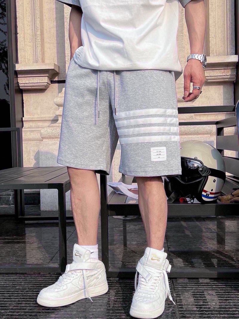 Grey Striped Fleece Shorts with Drawstring