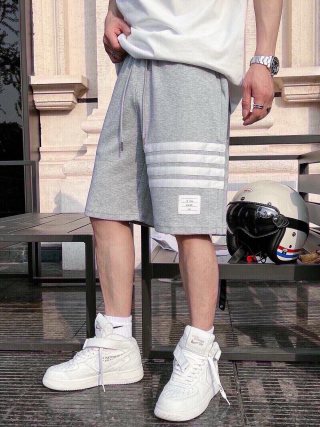 Grey Striped Fleece Shorts with Drawstring view 2