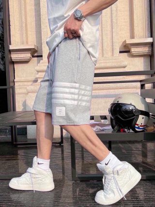Grey Striped Fleece Shorts with Drawstring view 4