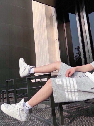 Grey Striped Fleece Shorts with Drawstring view 5