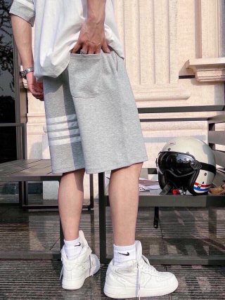 Grey Striped Fleece Shorts with Drawstring view 6
