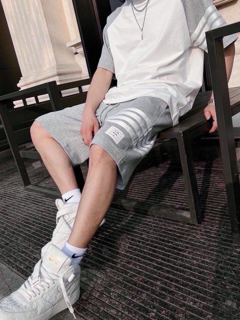 Grey Striped Fleece Shorts with Drawstring view