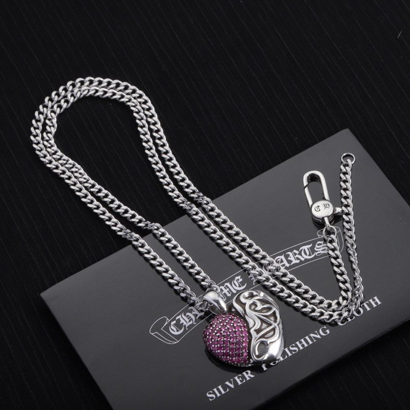 Chrome Hearts Heart Pendant Silver Chain Necklace Pink