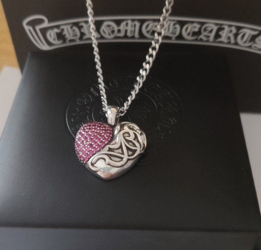 Chrome Hearts Heart Pendant Silver Chain Necklace Pink view