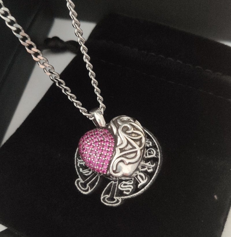 Chrome Hearts Heart Pendant Silver Chain Necklace Pink view