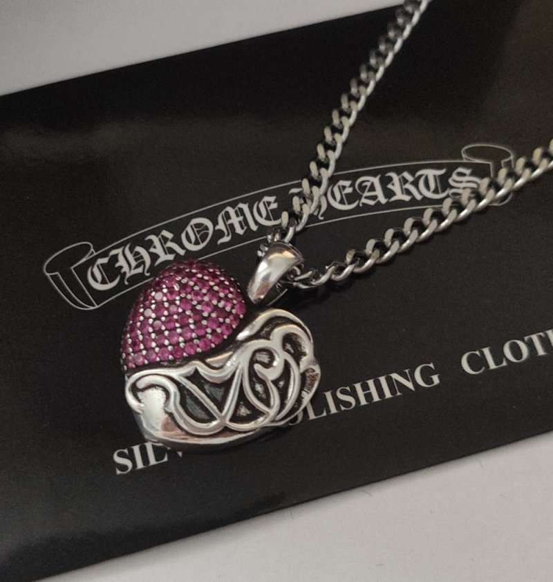 Chrome Hearts Heart Pendant Silver Chain Necklace Pink view
