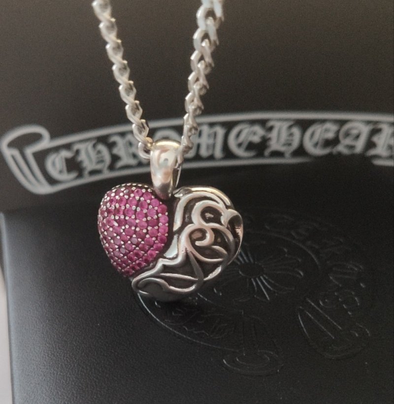Chrome Hearts Heart Pendant Silver Chain Necklace Pink view