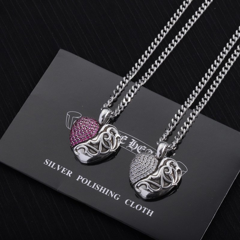 Chrome Hearts Heart Pendant Silver Chain Necklace Pink view