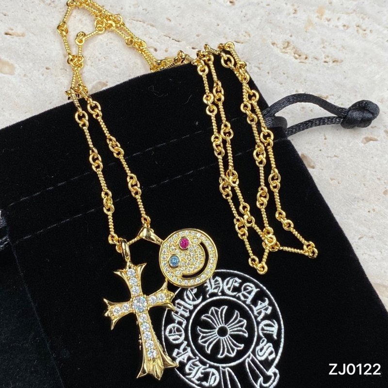 Chrome Hearts Gold Smiley Cross Pendant Necklace 55cm
