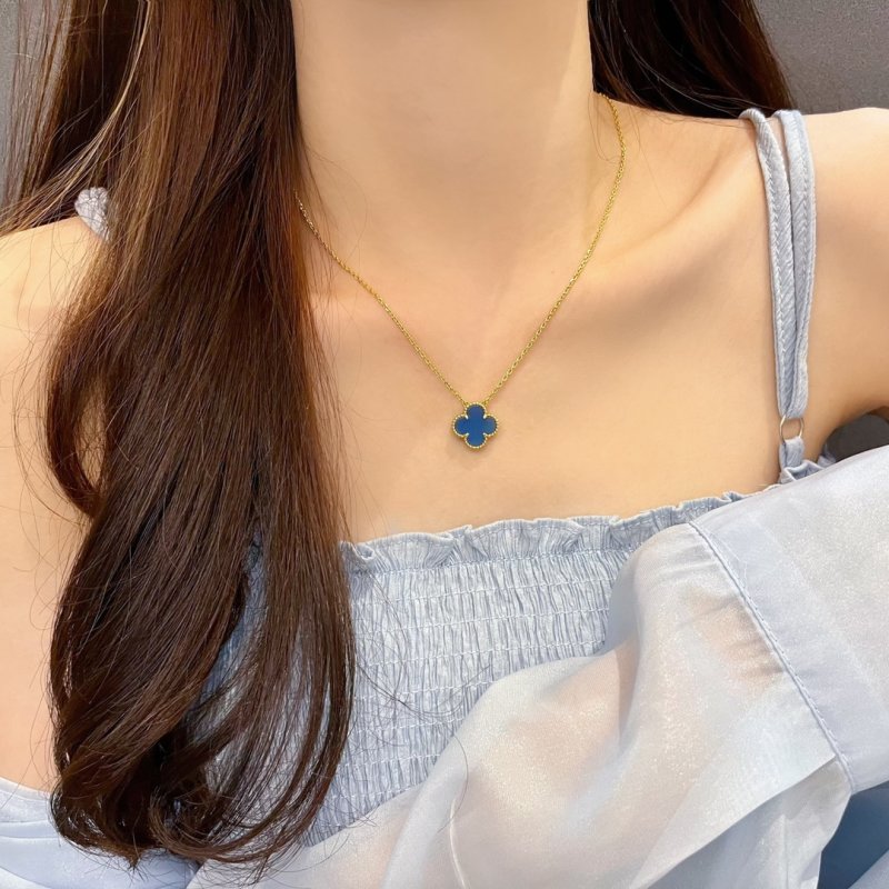 Blue Clover Pendant Gold Chain Necklace