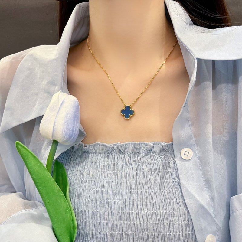 Blue Clover Pendant Gold Chain Necklace view