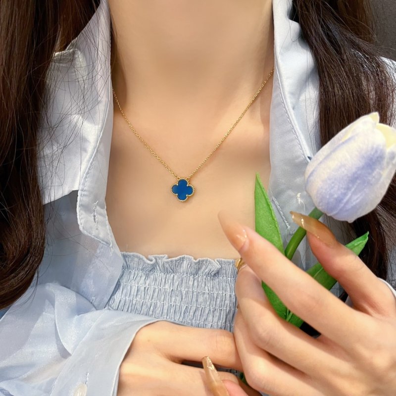Blue Clover Pendant Gold Chain Necklace view
