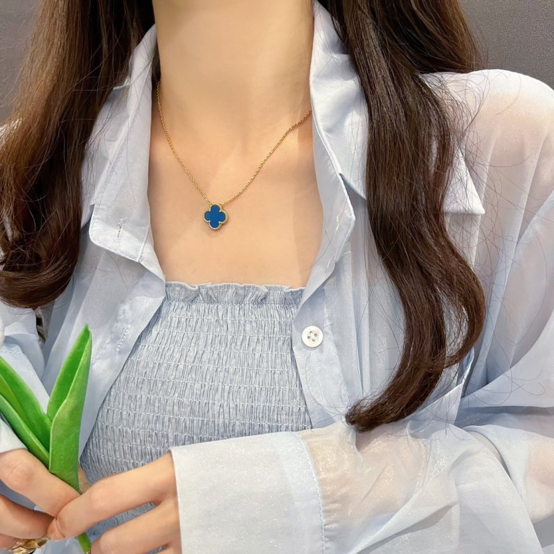 Blue Clover Pendant Gold Chain Necklace view