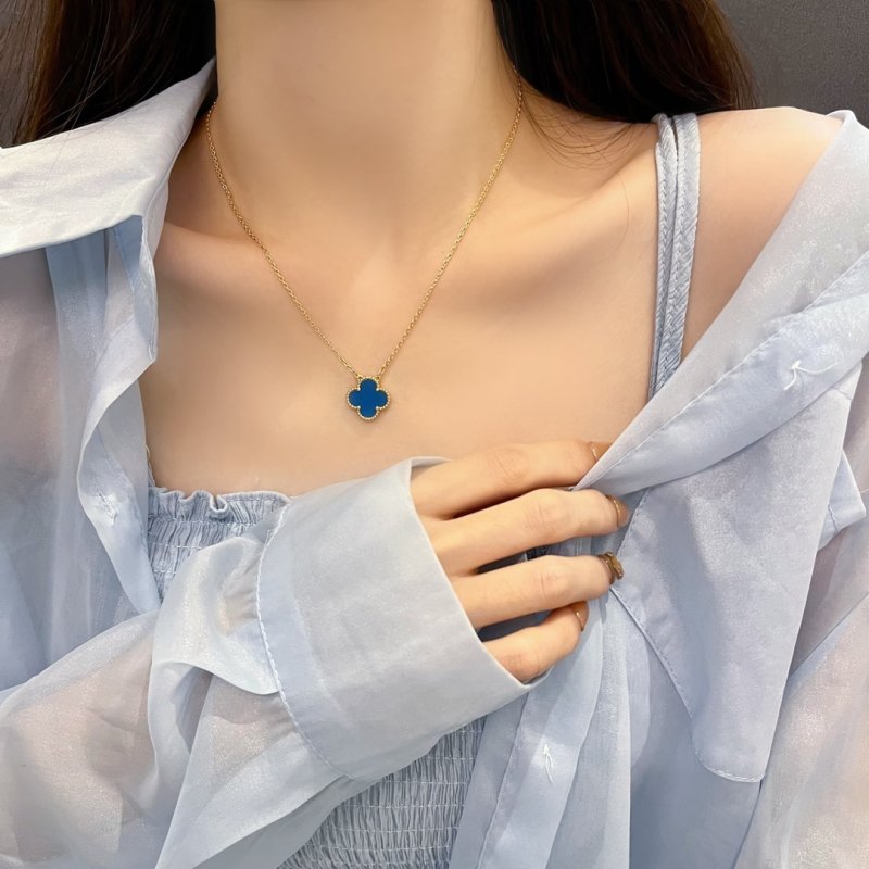Blue Clover Pendant Gold Chain Necklace view