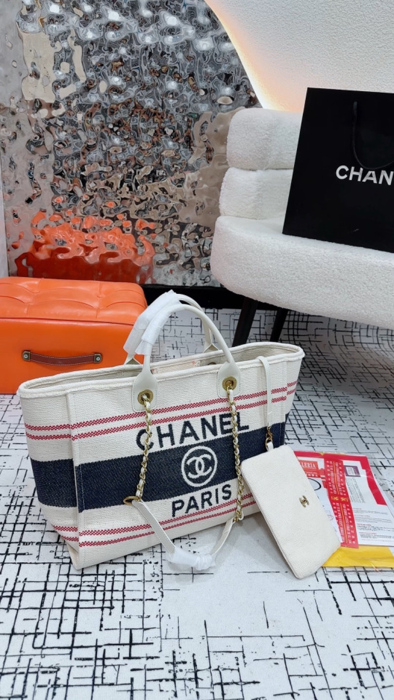 Chanel Paris Striped Canvas Tote Bag White/Navy/Red