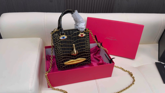 Schiaparelli Surrealist Face Crocodile Embossed Black Handbag