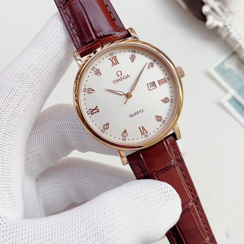 Omega Quartz Watch Rose Gold Burgundy Leather
