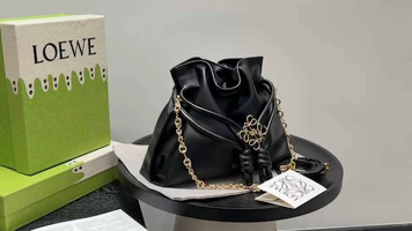 Loewe Black Leather Bucket Bag with Gold Chain