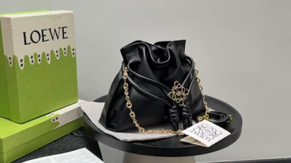 Loewe Black Leather Bucket Bag with Gold Chain