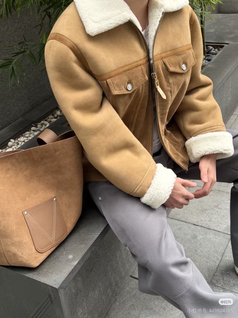 Camel Sherpa Lined Jacket with Corduroy Trim view