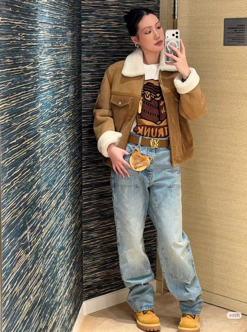 Camel Sherpa Lined Jacket with Corduroy Trim view