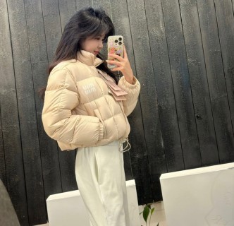 Cream Puffer Down Jacket – Cropped Quilted Winter Coat view 2