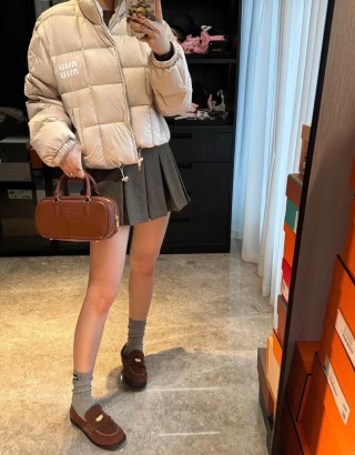 Cream Puffer Down Jacket – Cropped Quilted Winter Coat view 3