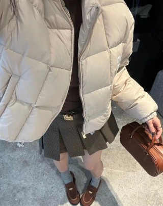 Cream Puffer Down Jacket – Cropped Quilted Winter Coat view 4