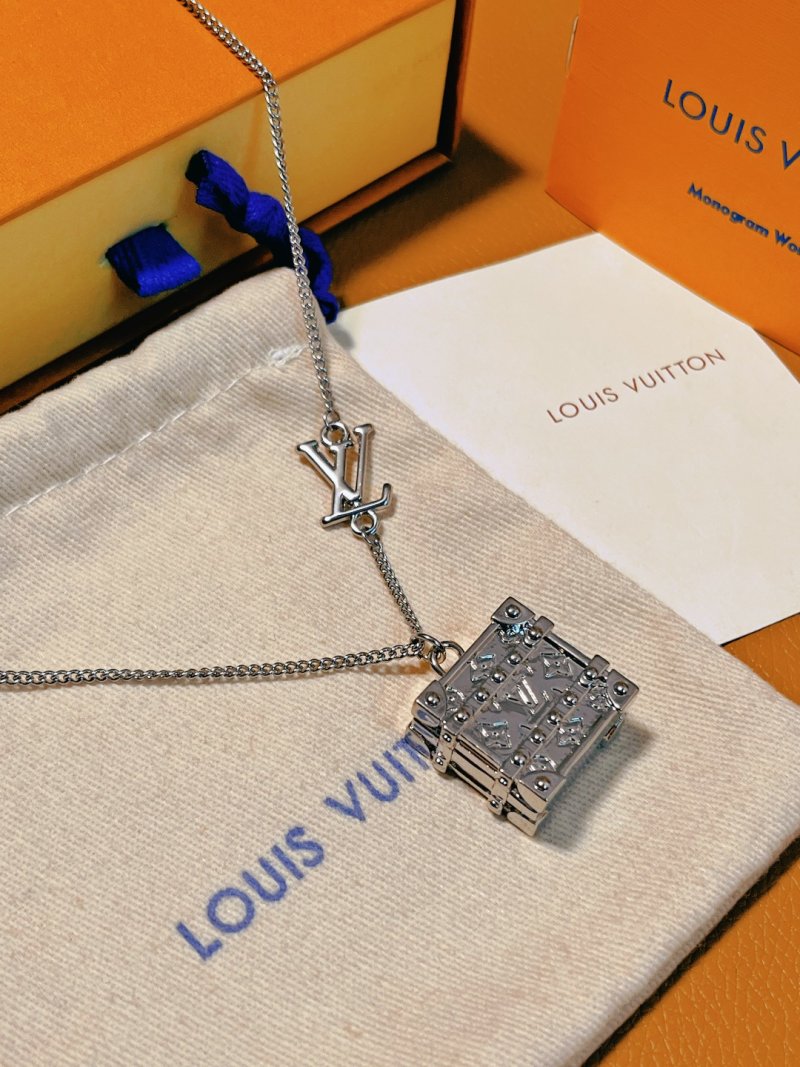 Louis Vuitton Trunk Locket Silver Monogram Necklace