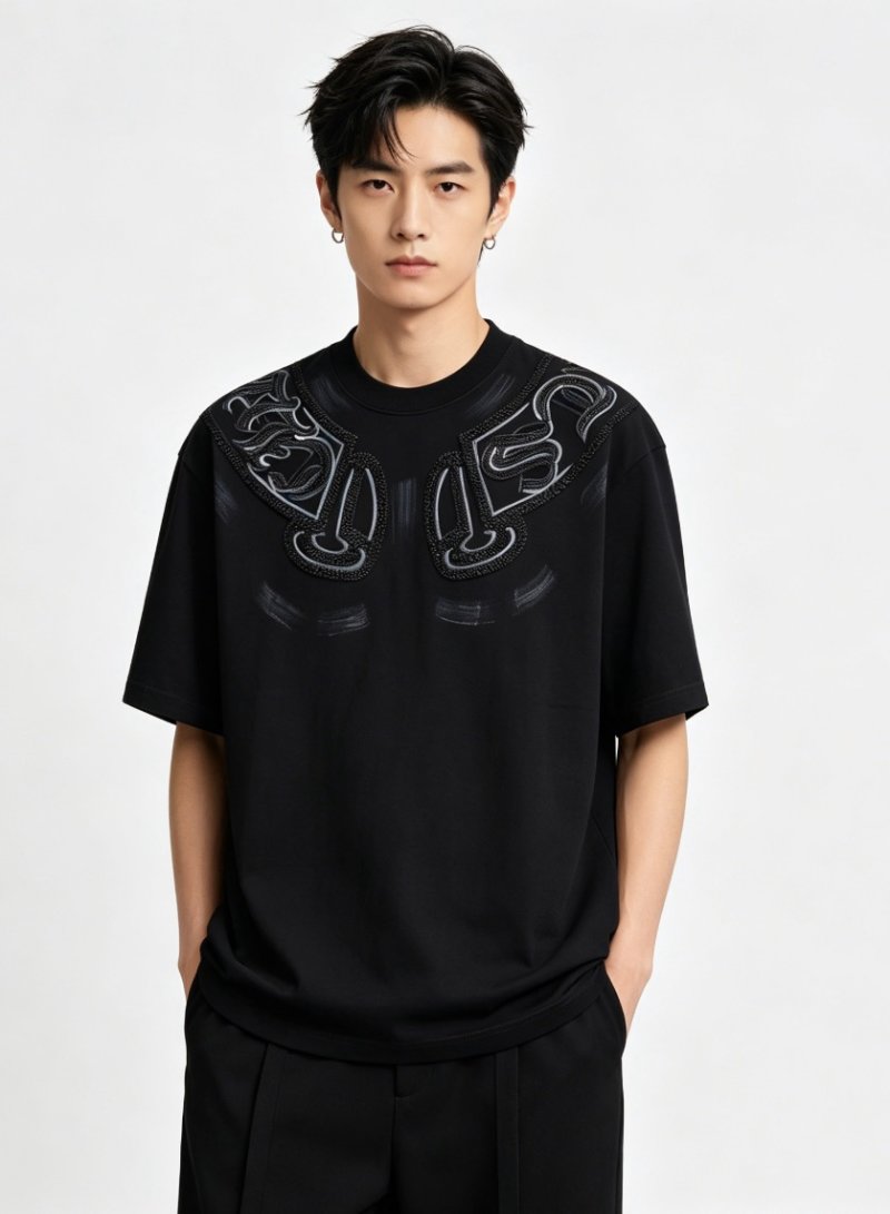 Black Oversized T-Shirt with Embroidered Wing Graphic
