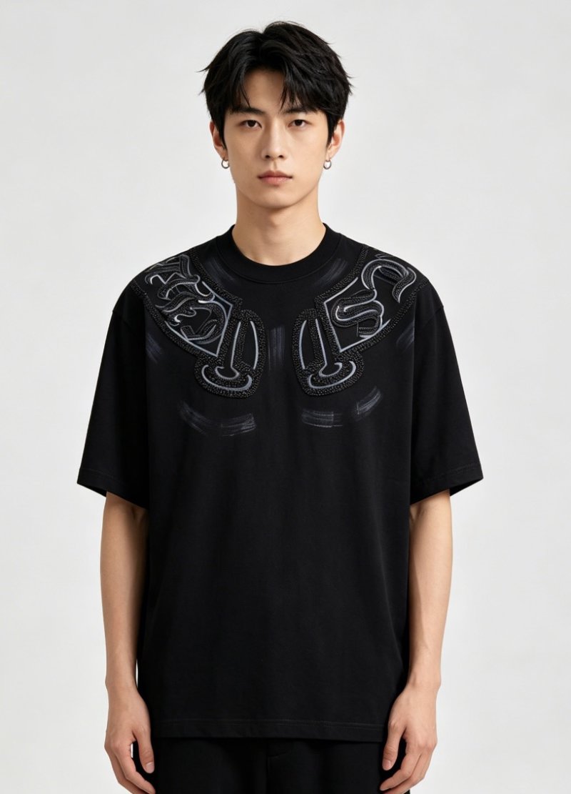 Black Oversized T-Shirt with Embroidered Wing Graphic view