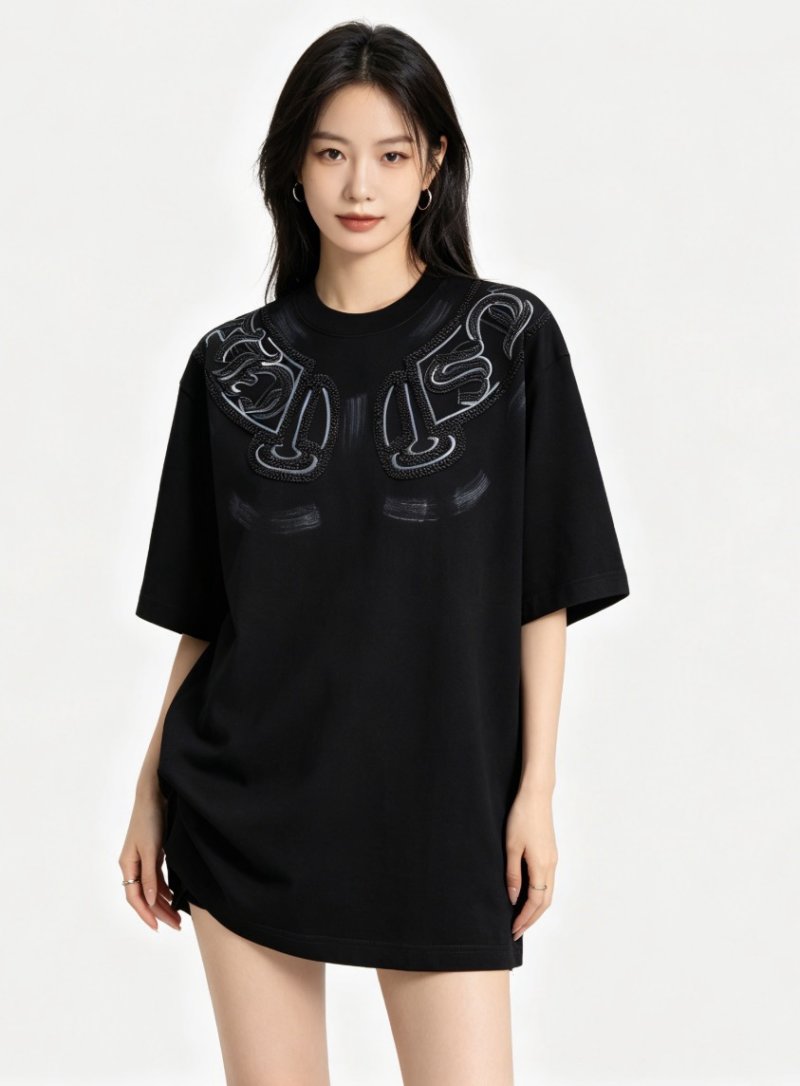 Black Oversized T-Shirt with Embroidered Wing Graphic view