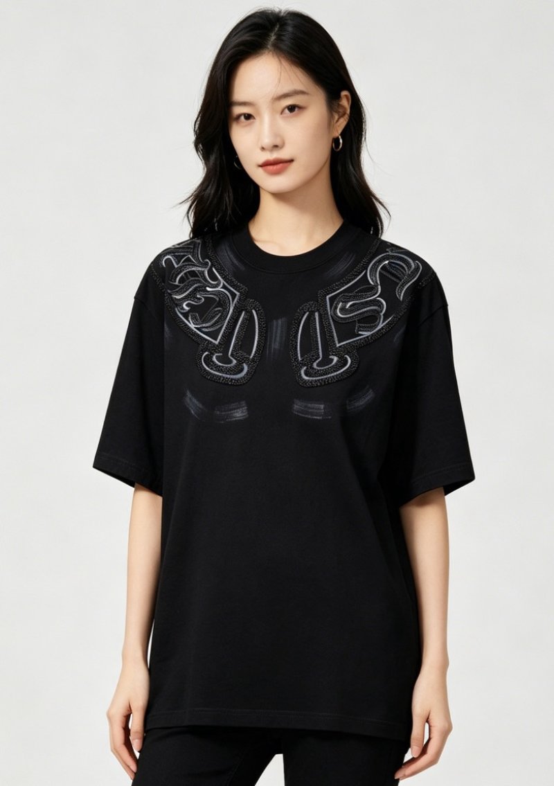 Black Oversized T-Shirt with Embroidered Wing Graphic view