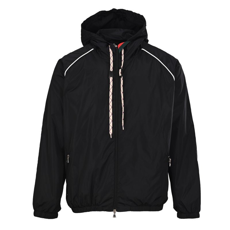 Gucci Black Nylon Hooded Windbreaker Jacket with Web Stripe