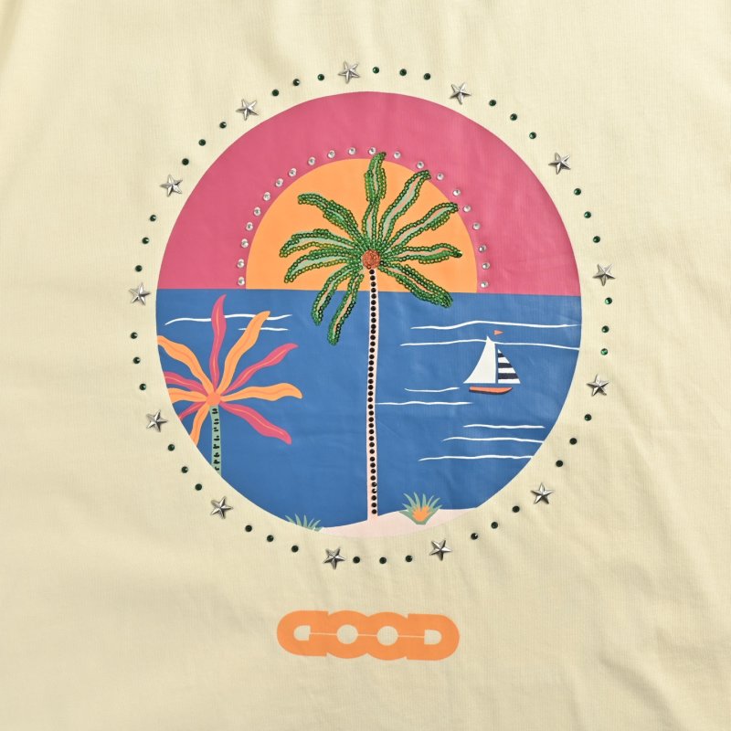 Cream Oversized Graphic T-Shirt with Sunset Palm Print view