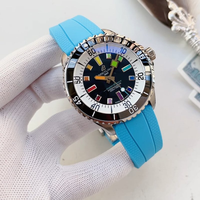 Breitling Superocean Black Dial Blue Rubber Strap Watch
