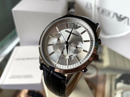 Armani AR2432 Chronograph Black Leather Strap Watch 43mm view 2