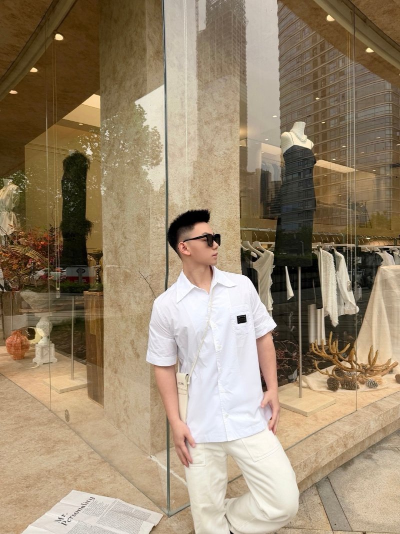 White Button-Up Casual Shirt with Chest Pocket view