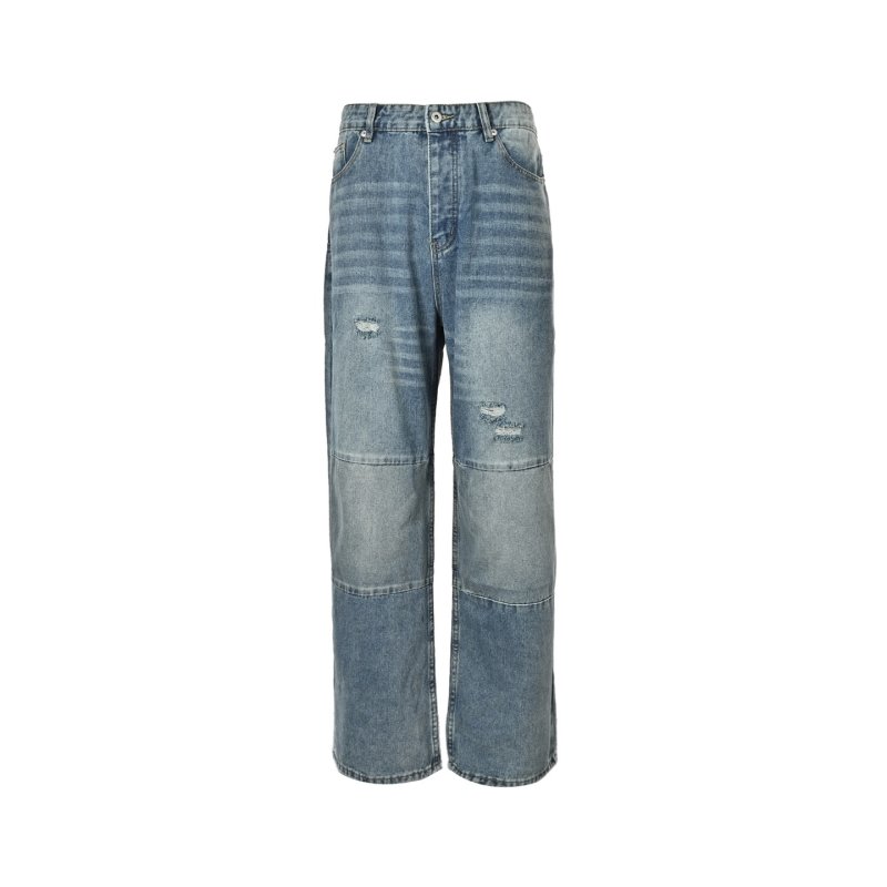 Dior Distressed Patchwork Wide-Leg Denim Jeans Light Blue