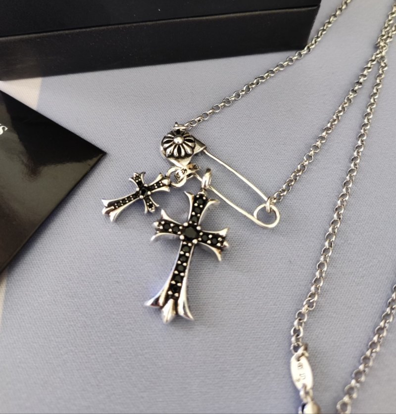 Chrome Hearts Silver Cross Pendant Necklace with Studded Chain