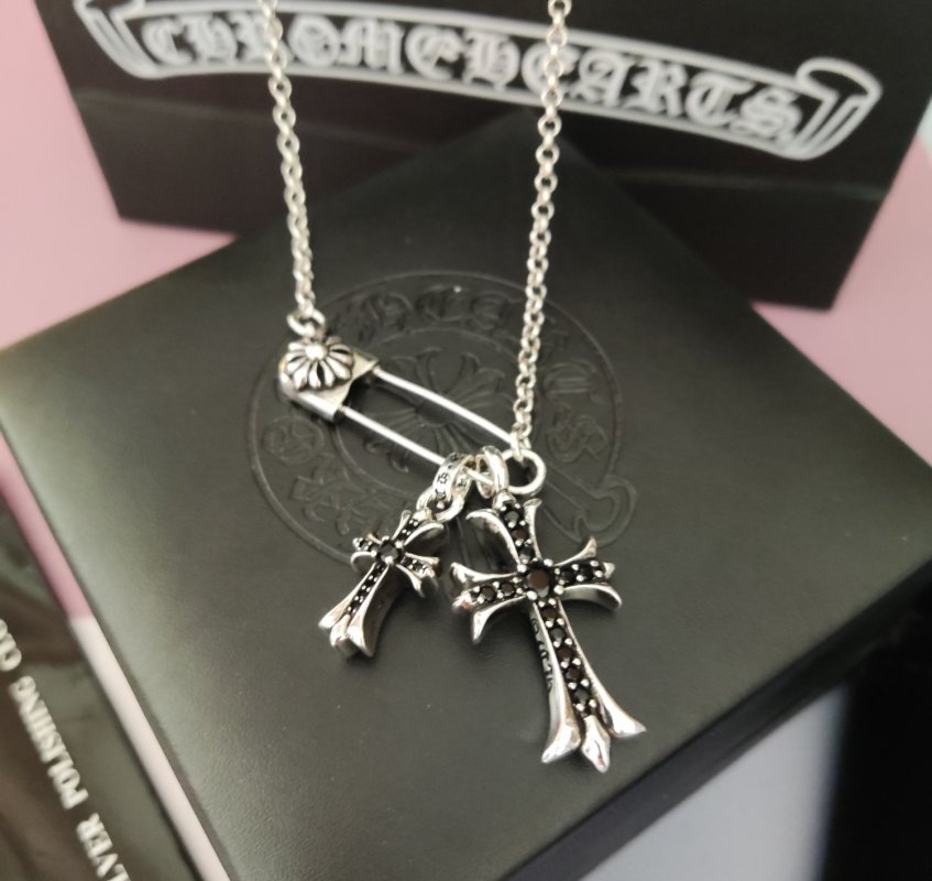Chrome Hearts Silver Cross Pendant Necklace with Studded Chain view