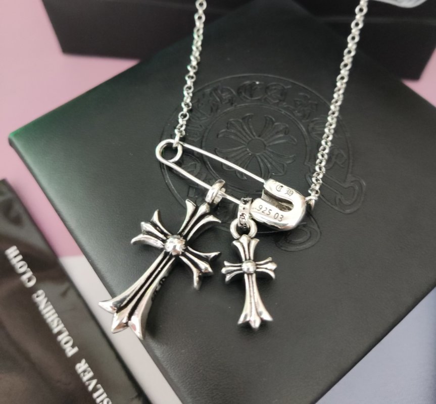 Chrome Hearts Silver Cross Pendant Necklace with Studded Chain view
