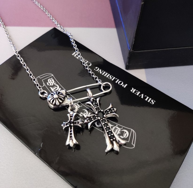 Chrome Hearts Silver Cross Pendant Necklace with Studded Chain view
