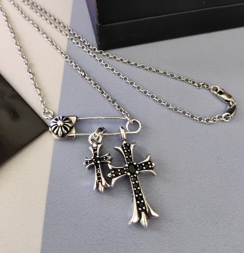 Chrome Hearts Silver Cross Pendant Necklace with Studded Chain view