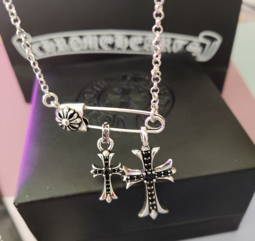 Chrome Hearts Silver Cross Pendant Necklace with Studded Chain view