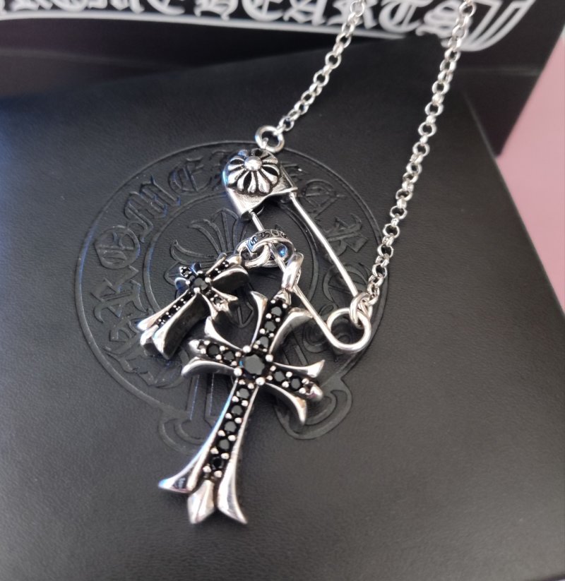 Chrome Hearts Silver Cross Pendant Necklace with Studded Chain view