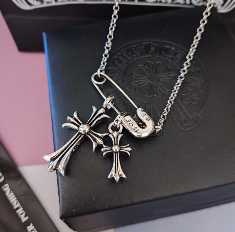 Chrome Hearts Silver Cross Pendant Necklace with Studded Chain view