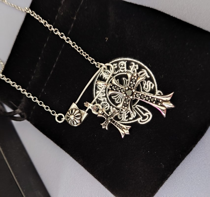 Chrome Hearts Silver Cross Pendant Necklace with Studded Chain view